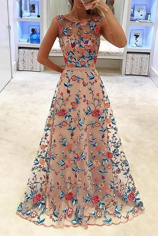 a line bateau tulle long prom dress with floral embroidery