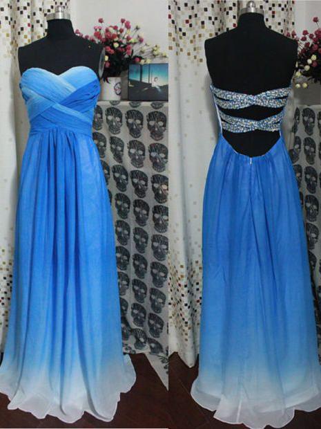 cut out beading back long prom dress sweetheart blue ombre formal dress