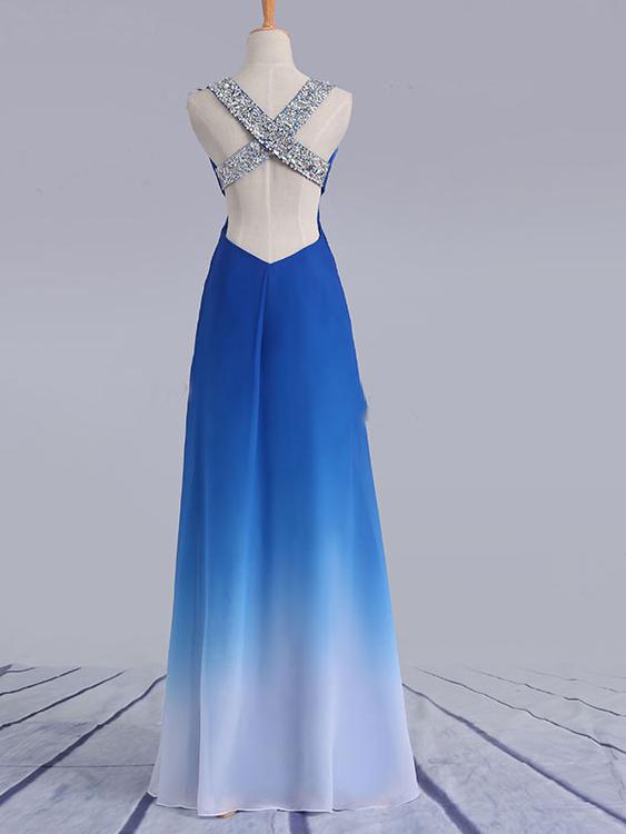 elegant beading straps cross back gradient blue ombre prom dresses mp1146