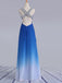 elegant beading straps cross back gradient blue ombre prom dresses
