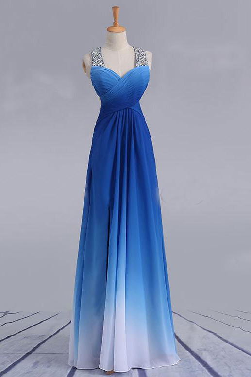 elegant beading straps cross back gradient blue ombre prom dresses