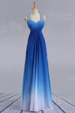 Elegant Beading Straps Cross Back Gradient Blue Ombre Prom Dresses MP1146