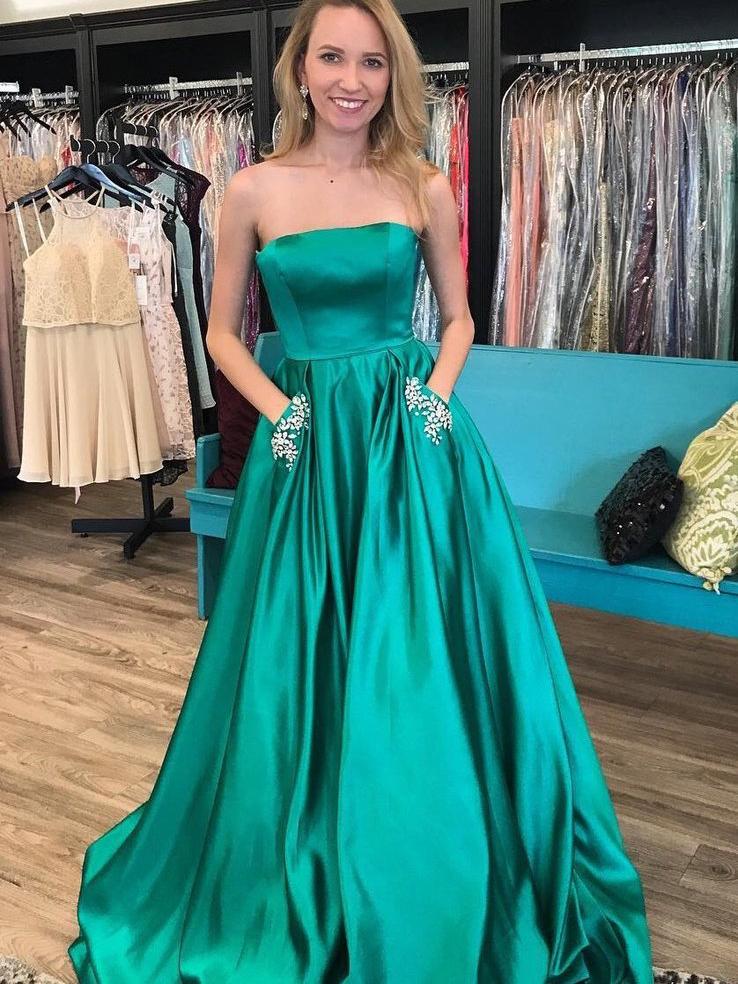 strapless plus size green long prom dresses with beaded pockets