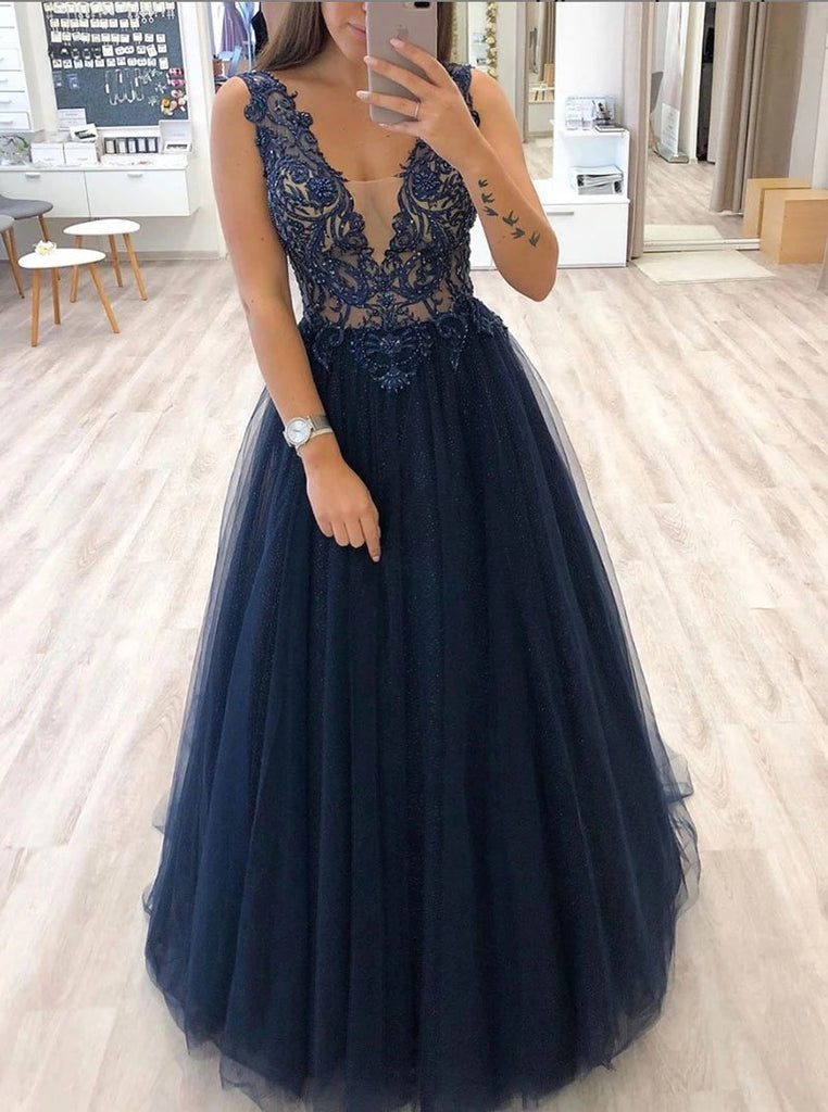 V-neck Tulle Beads Long Prom Dresses Dark Blue Long Evening Dress MP22