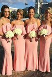 Mermaid strapless pink long bridesmaid dresses with ruched gb395