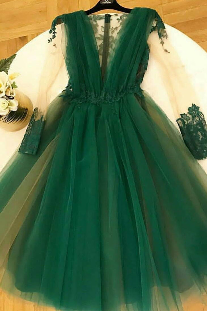long sleeves dark green homecoming dress tulle short prom party dress
