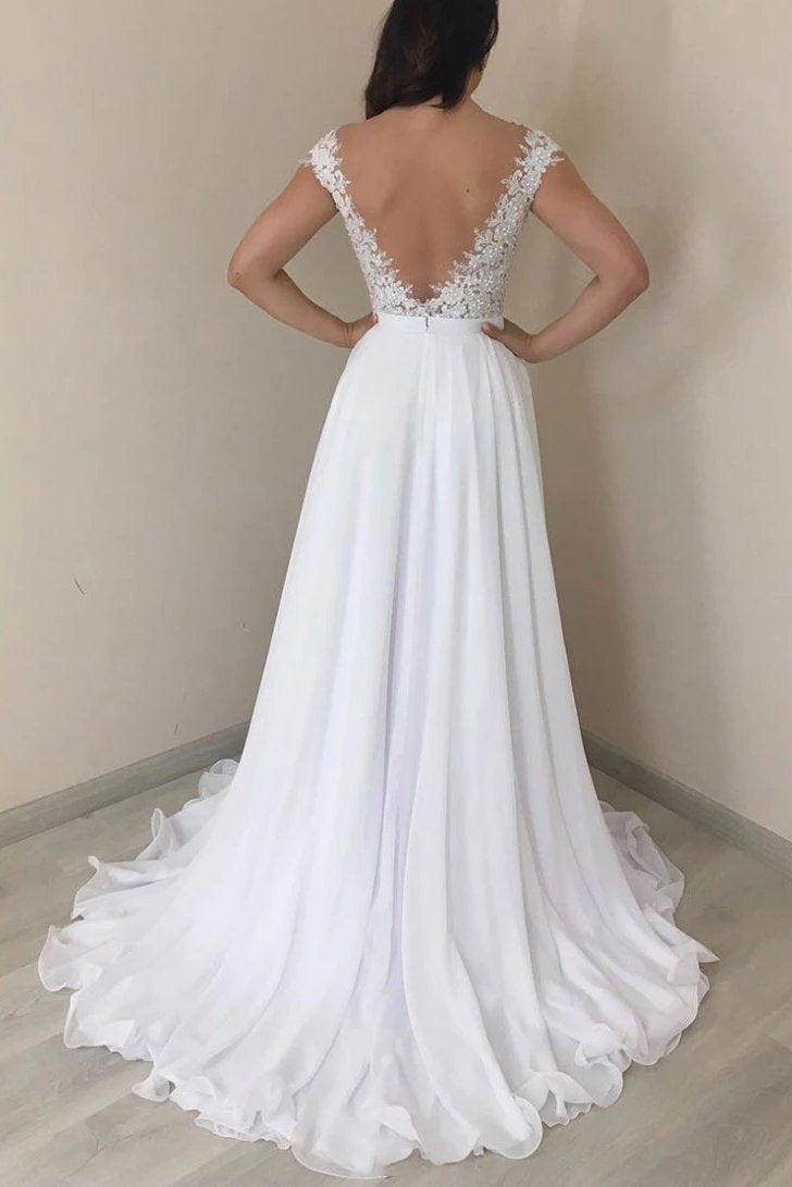 A-line Chiffon Wedding Dresses With Appliques, Backless Beach Bridal Gown PW53