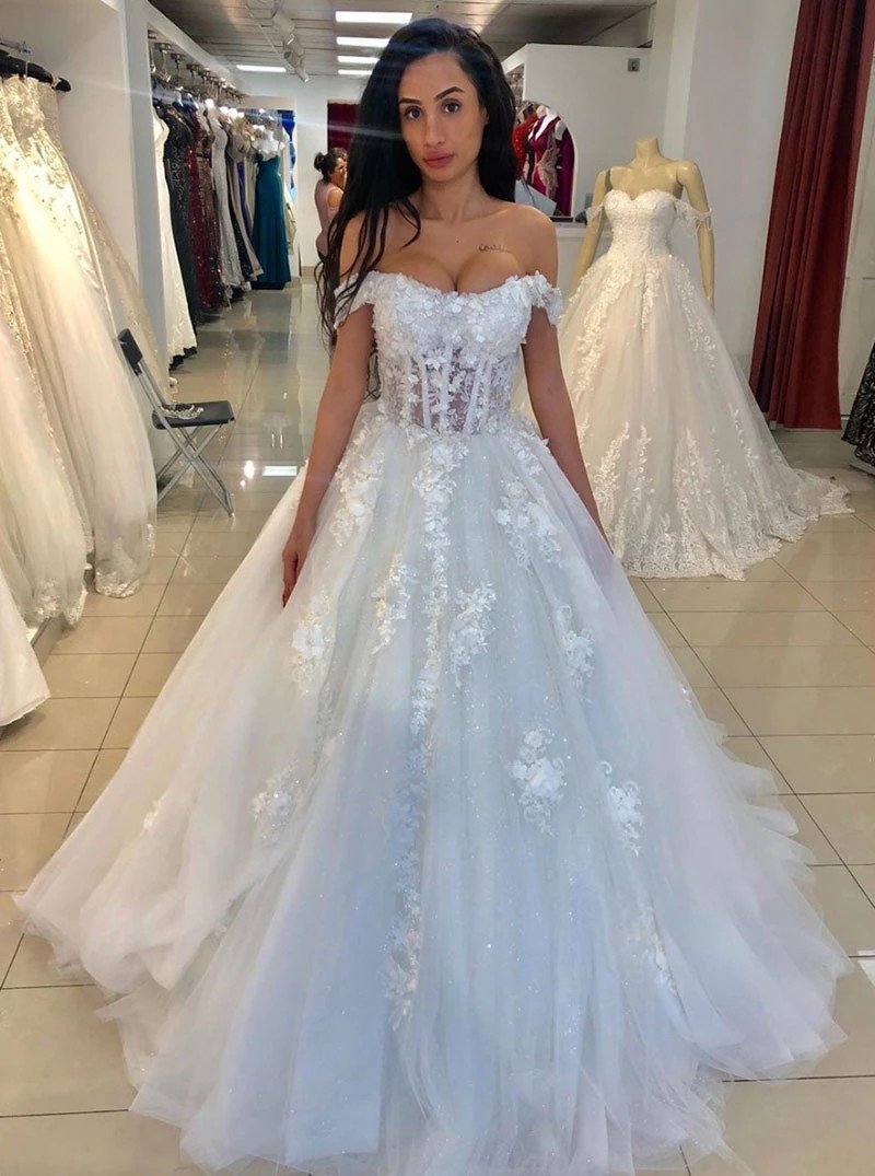 Elegant Off The Shoulder Tulle Wedding Dresses, Appliqued Bridal Gown PW52