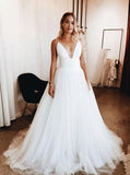 Elegant White Plunge Neckline Tulle Simple Wedding Dresses PW48