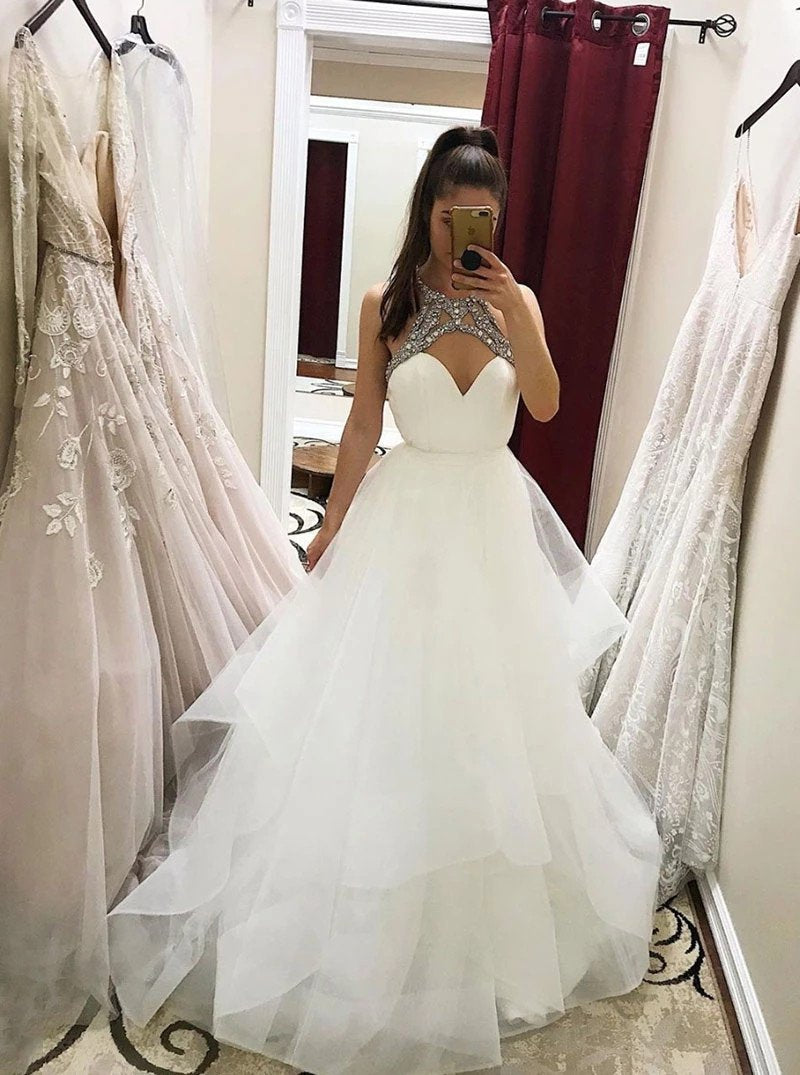 Gorgeous A-line White Tulle Beaded Long Prom Wedding Dresses PW23