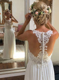A-line Scoop Neckline Ivory Chiffon Lace Long Beach Wedding Dress PW55