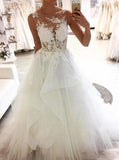 Round Neckline Tulle Sleeveless Wedding Dresses With Lace Appliques PW49