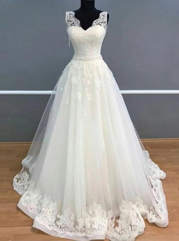 A Line V Neck Ivory Tulle Long Wedding Dresses with Appliques PW47