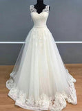 A Line V Neck Ivory Tulle Long Wedding Dresses with Appliques PW47