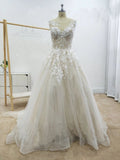 Tulle A Line Round Neckline Floral Appliques Beach Wedding Bridal Dresses PW108