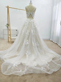 Tulle A Line Round Neckline Floral Appliques Beach Wedding Bridal Dresses PW108