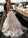 Tulle A Line Round Neckline Floral Appliques Beach Wedding Bridal Dresses PW108