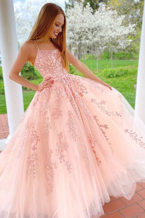 Spaghetti-straps Tulle Long Prom Dresses With Appliques MP138