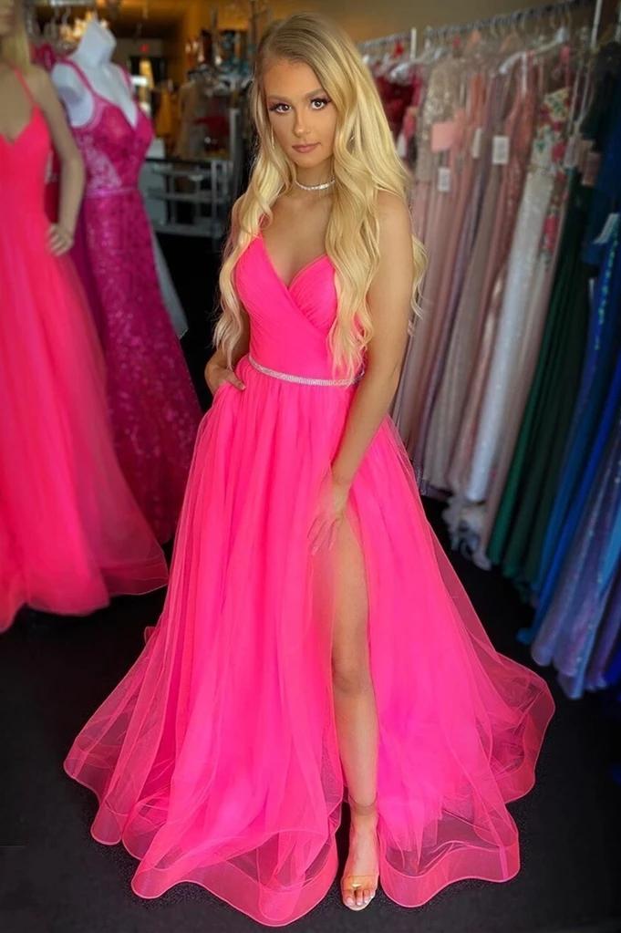Fuchsia backless long prom dresses with split, tulle graduation gown mg164