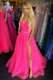 Fuchsia backless long prom dresses with split, tulle graduation gown mg164
