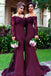 off shoulder long sleeves purple mermaid bridesmaid dresses with lace applique