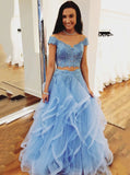 Off-the-Shoulder Ruffled Tulle Lace Beaded Two Piece Blue Prom Dresses MP99