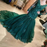 Dark green mermaid evening dresses tulle long sleeves appliques party gowns mg105