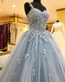 Straps Sweetheart Long Prom Dress, Ball Gown Appliques Quinceanera Dress MG241