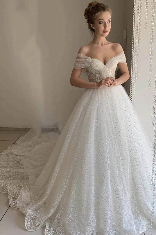 Princess Off Shoulder Tulle Long Wedding Dress, Long Beading Evening Gown PW234