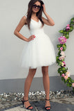 simple a line v neck white short prom dress tulle homecoming dress