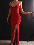 Spaghetti straps red long prom dresses, sexy split mermaid evening gown mg103