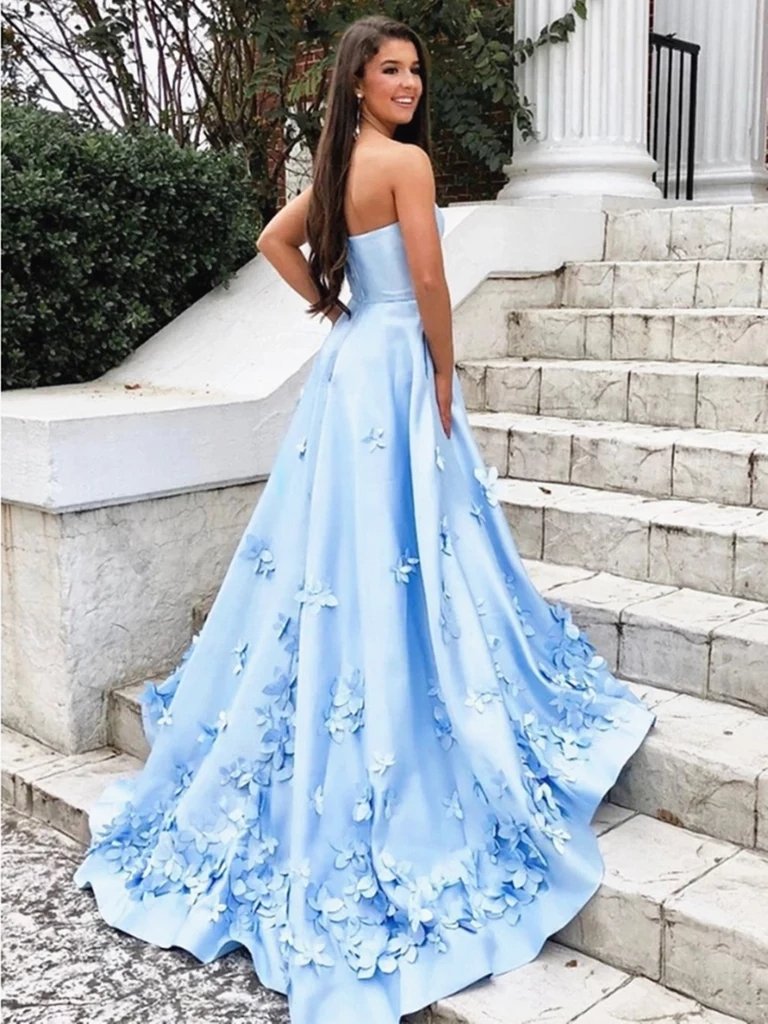 A Line 3D Flowers Sky Blue Strapless Long Prom Dresses with Pockets MP131