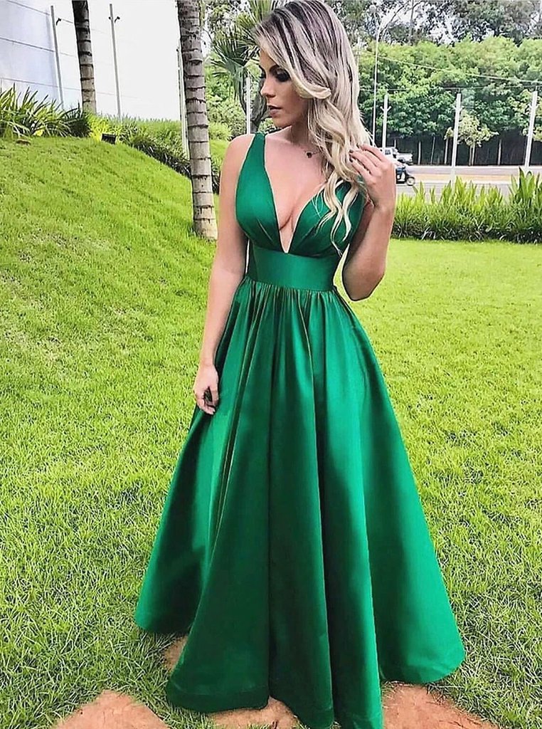 A-line V Neck Green Prom Dresses, Simple Long Formal Dresses MP130