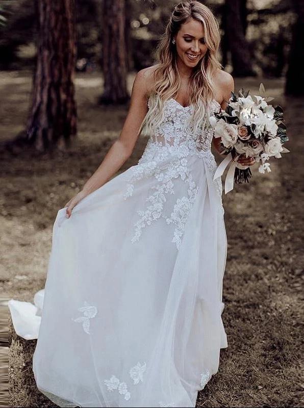 A-line Sweetheart Rustic Boho Wedding Dresses With Appliques PW34