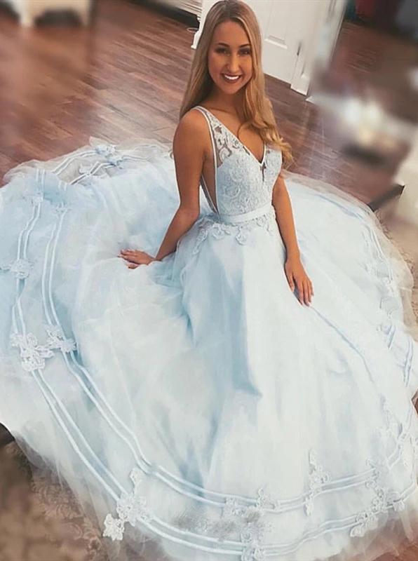 A-line V-neck Long Light Sky Blue Prom Dresses With Lace Appliques MP17
