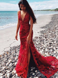 Long Mermaid Burgundy Prom Evening Dresses with Beaded Appliques MP13