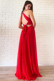 A-line Red Chiffon Simple Long Prom Dresses, Evening Dress With Split MP71