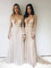 Long Sleeves Tulle A-line Deep V-neck Long Prom Dresses With Beading MP20