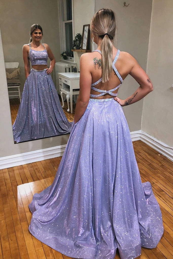 Glitter mint green a-line two piece sparkle prom dresses with pockets mg131