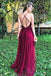 A Line Plunging Neckline Burgundy Prom Dresses, Backless Sequins Evening Dress MP136