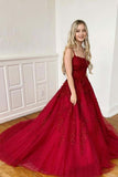 Spaghetti-straps Tulle Burgundy Long Prom Dresses With Appliques MP138