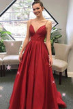 Simple Long Prom Gowns Spaghetti Straps A-line Burgundy Evening Dresses MP67