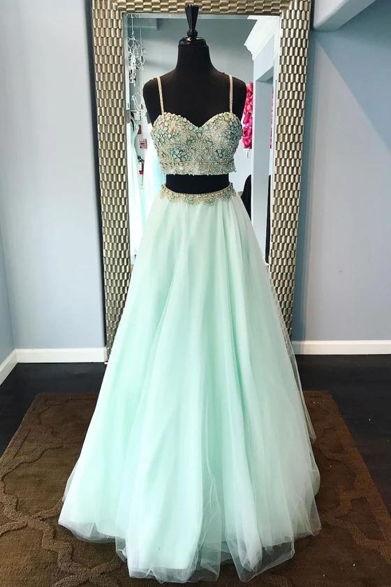 Spaghetti straps mint green two pieces prom dress with beading mg135