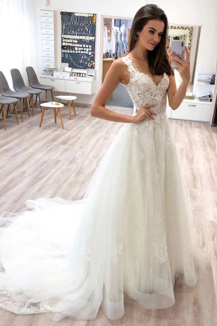 A-line v-neck tulle long prom wedding dresses with lace appliques mg22