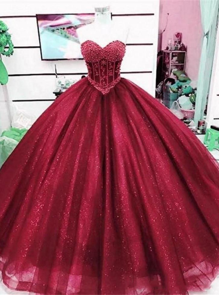Tulle burgundy sparkle sweetheart prom dress ball gown with beaded quinceanera dress mg253