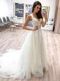 A-line v-neck tulle long prom wedding dresses with lace appliques mg22