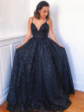 A Line V Neck Dark Navy Long Prom Formal Dresses With Appliques MP137