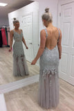 Grey backless prom dresses lace appliques mermaid evening dresses mg133