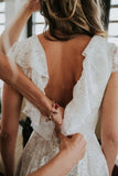 Ruffled Backless Beach Lace Boho Vintage Wedding Dresses PW10