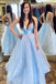 A-line v-neck tulle long prom dress light sky blue evening dress mg161
